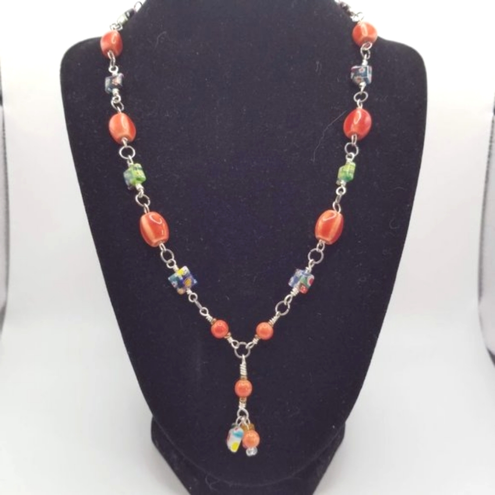 Ceramic and Glass Wire Wrapped Y Necklace